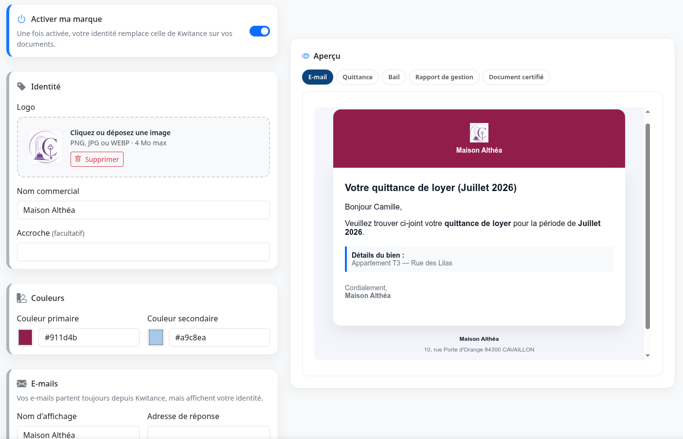 Page Ma marque de Kwitance : configuration du co-branding en marque blanche et aperçu du document généré