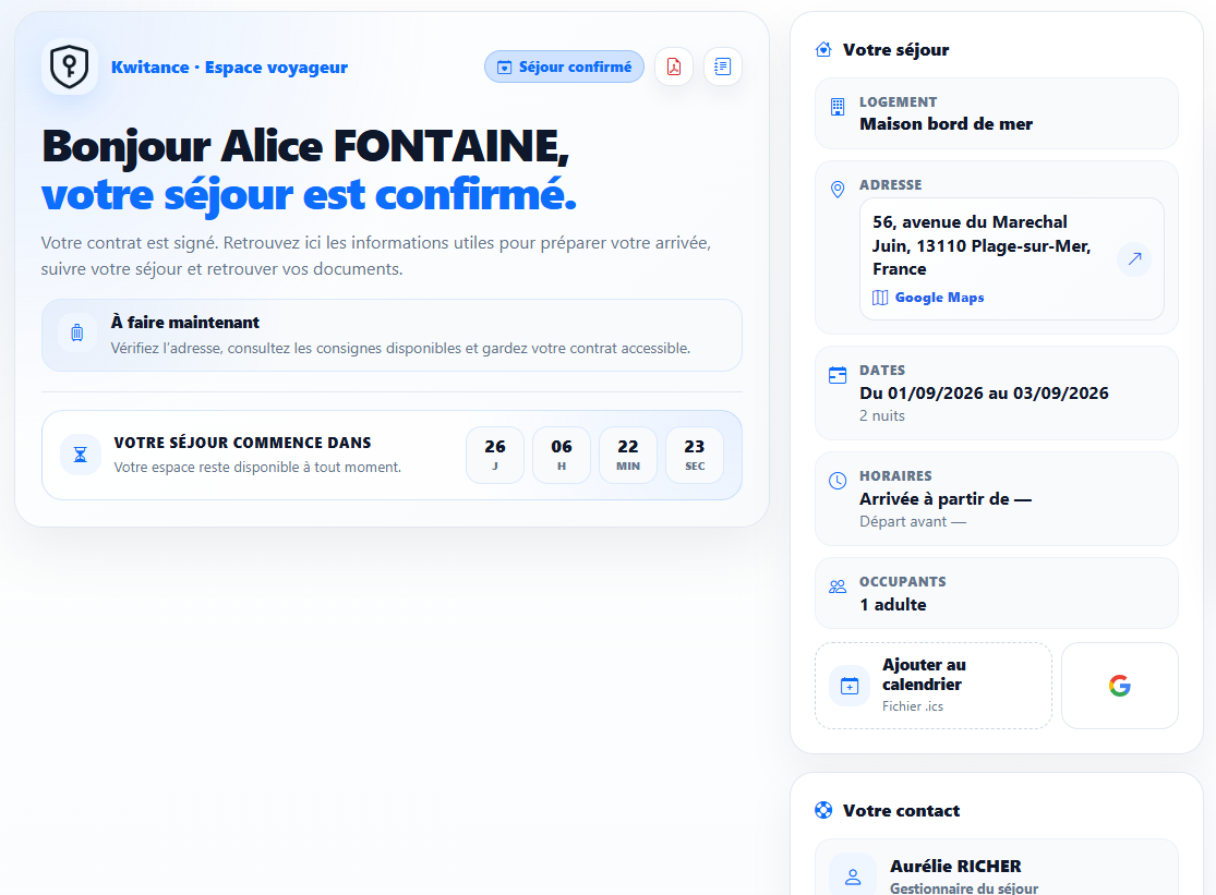 Portail voyageur Kwitance : résumé du séjour, consignes, QR code Wi-Fi et messagerie, accessible sans compte